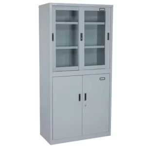 A tall, two-part gray metal office cabinet. The top section has two sliding glass doors, while the bottom section has two solid metal doors with a lock.