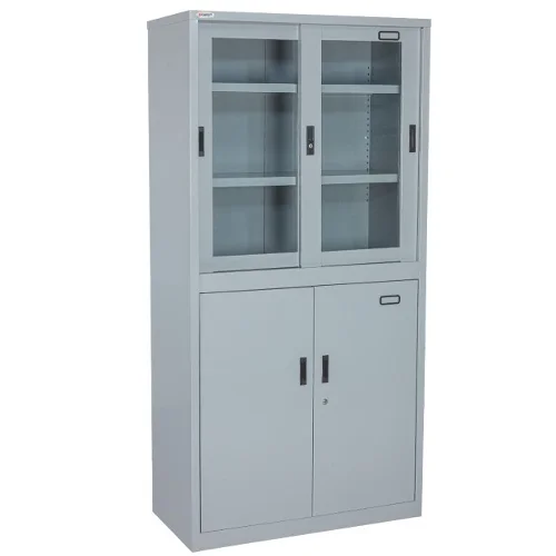 A tall, two-part gray metal office cabinet. The top section has two sliding glass doors, while the bottom section has two solid metal doors with a lock.