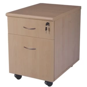 A light wood mobile file cabinet with two drawers, silver handles, and rolling wheels