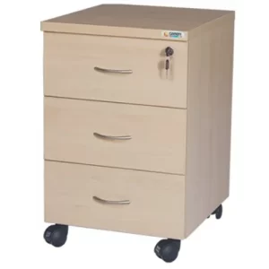 A light wood mobile file cabinet with three drawers, silver handles, and rolling wheels.
