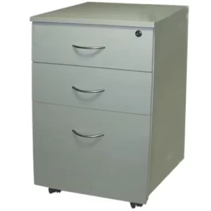 A gray mobile file cabinet with three drawers, silver handles, and black rolling casters.