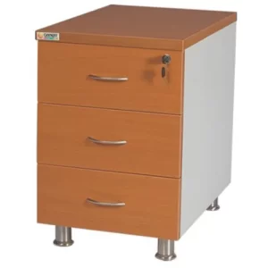 A two-tone brown and white three-drawer office cabinet with silver handles and metal legs.