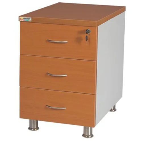 A two-tone brown and white three-drawer office cabinet with silver handles and metal legs.