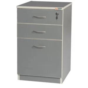 A gray mobile file cabinet with three drawers, silver handles, and black rolling casters.