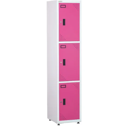 Three-door pink steel locker cabinet for school, gym, and office storage.