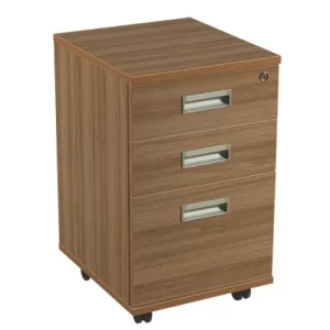 A mobile wood-grain file cabinet with three drawers and silver handles on rolling casters.