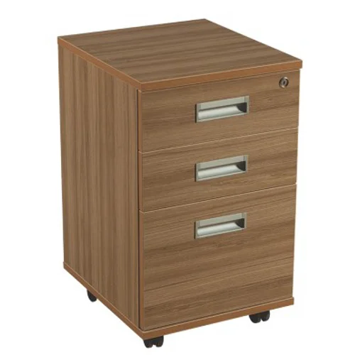 A mobile wood-grain file cabinet with three drawers and silver handles on rolling casters.
