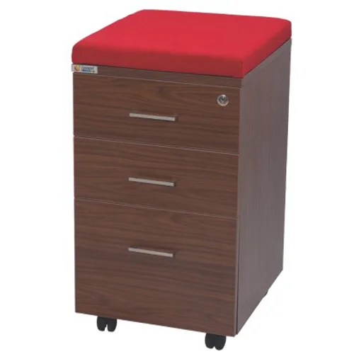 A light wood mobile file cabinet with two drawers, silver handles, and rolling wheels.