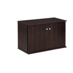A short, wide dark brown wooden cabinet with two closed doors and round white handles.