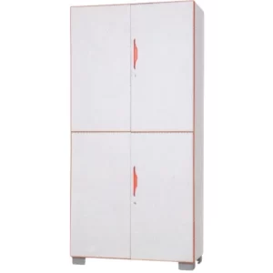 A tall, white, four-door metal cabinet with two separate lockable compartments and vibrant orange handles.
