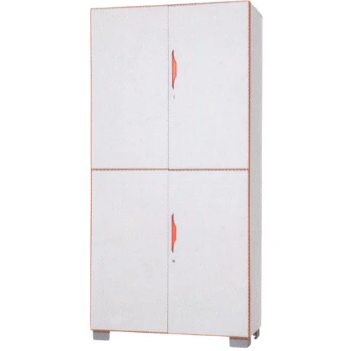 A tall, white, four-door metal cabinet with two separate lockable compartments and vibrant orange handles.