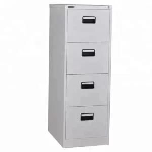 A light grey 4-drawer vertical steel office filing cabinet with all drawers closed, featuring black recessed handles and a top lock.