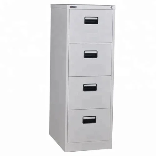 A light grey 4-drawer vertical steel office filing cabinet with all drawers closed, featuring black recessed handles and a top lock.