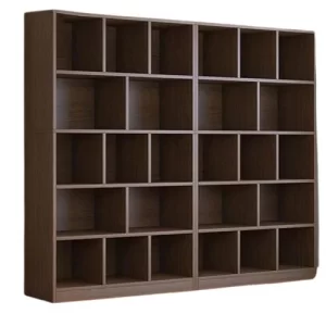 Modern dark brown wooden bookshelf with multiple open storage compartments for home and office use
