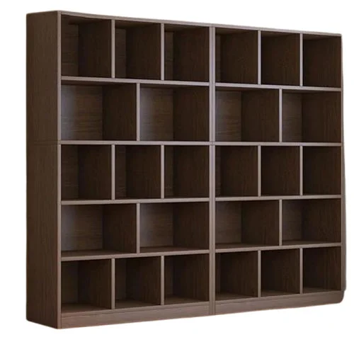 Modern dark brown wooden bookshelf with multiple open storage compartments for home and office use