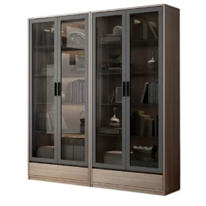 Modern glass door wooden bookshelf with storage cabinets – ideal for home and office book display