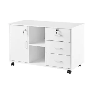 Modern white office cabinet with 3 drawers, open shelf, and lockable door for storage