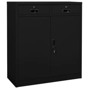 Front view of a black heavy-duty steel office cabinet with two lockable top drawers and a lockable two-door lower cupboard with keys.