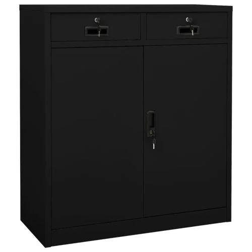 Front view of a black heavy-duty steel office cabinet with two lockable top drawers and a lockable two-door lower cupboard with keys.
