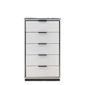 Compact 5-drawer cabinet with white finish and black handles – storage chest for home or office
