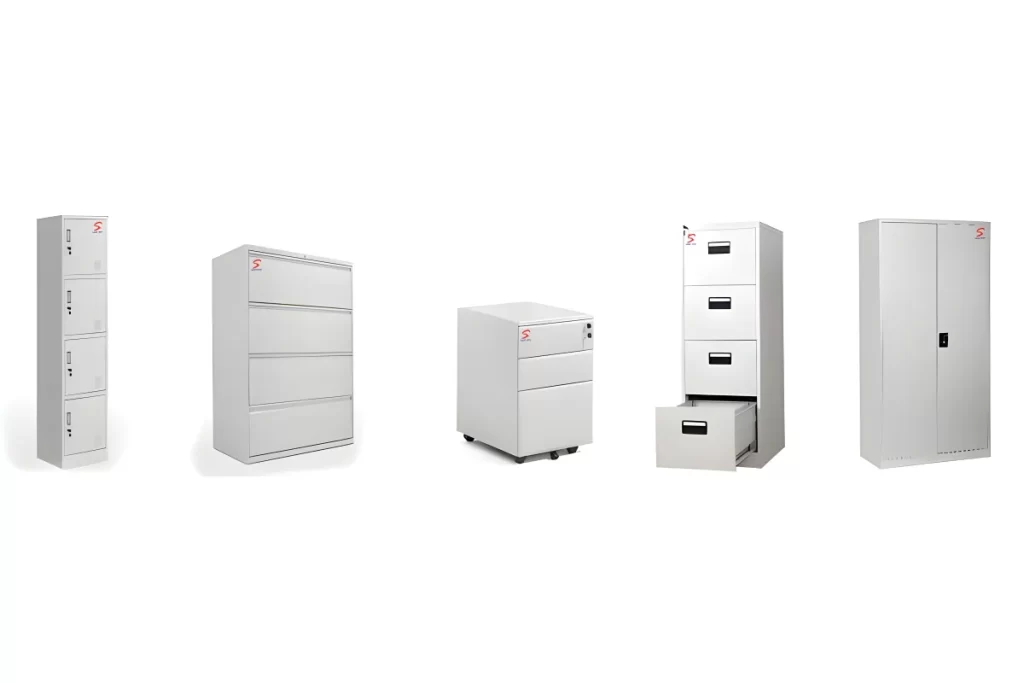 Steel office storage cabinets and filing cabinets in various designs including lockers, lateral drawers, mobile pedestal, and tall cupboards.