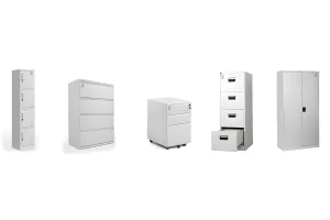 Steel office storage cabinets and filing cabinets in various designs including lockers, lateral drawers, mobile pedestal, and tall cupboards.