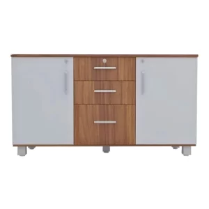 Front view of a closed modern office credenza with light grey doors and three central walnut-finish drawers, featuring sleek silver handles.