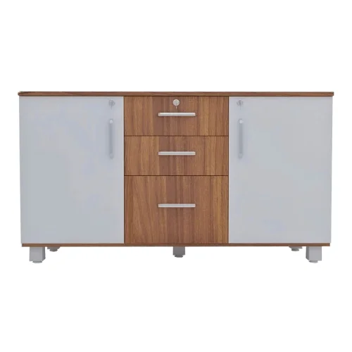 Front view of a closed modern office credenza with light grey doors and three central walnut-finish drawers, featuring sleek silver handles.