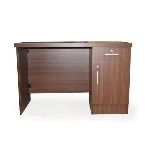 Wooden executive office desk with lockable drawer and cabinet front view